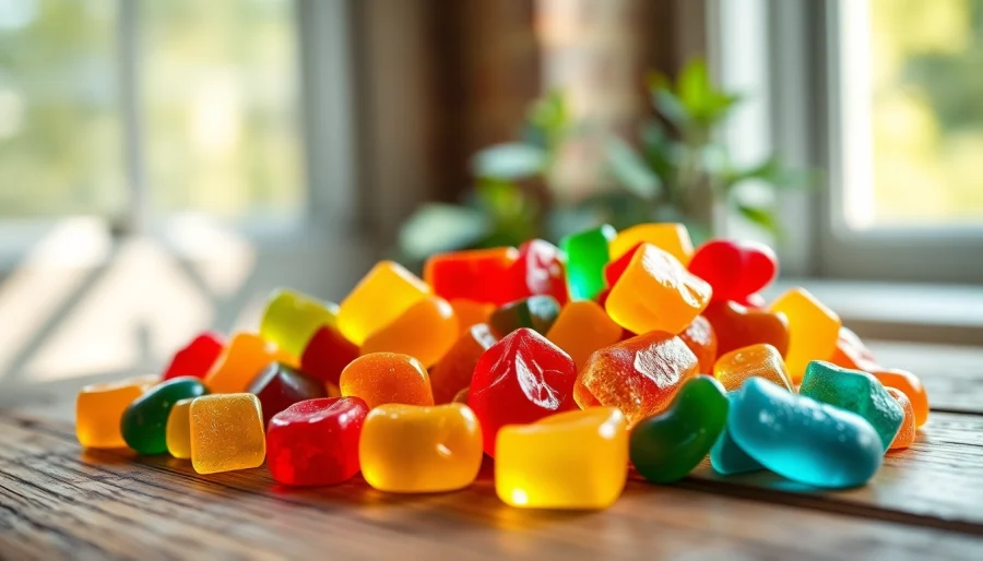 Showcasing colorful CBD Gummies arranged artfully on a rustic table with soft natural lighting.