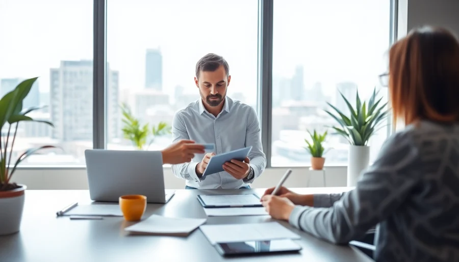 Purchasing consultant discussing strategies in a professional office environment.