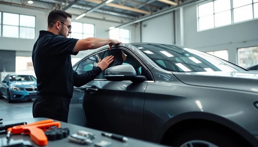 Experience high-quality car window tinting with professionals in action.