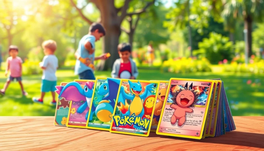 Pokemon tcg india cards illustrated on a table with children trading in a sunny park.