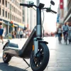 Riding an electric scooter through a bustling urban environment showcasing its sleek design.