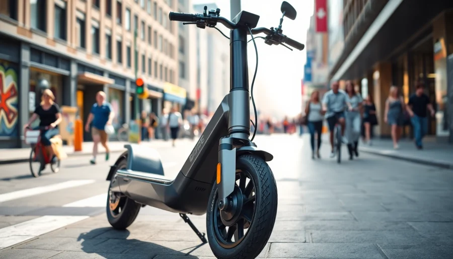 Riding an electric scooter through a bustling urban environment showcasing its sleek design.