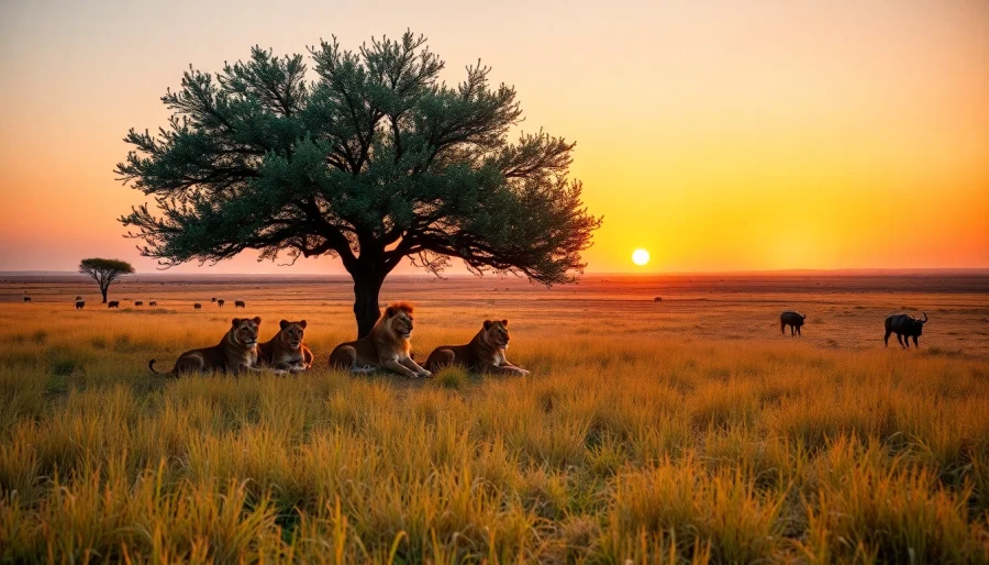 Tanzania safari scene showcasing lions under an acacia tree during a dramatic sunset.