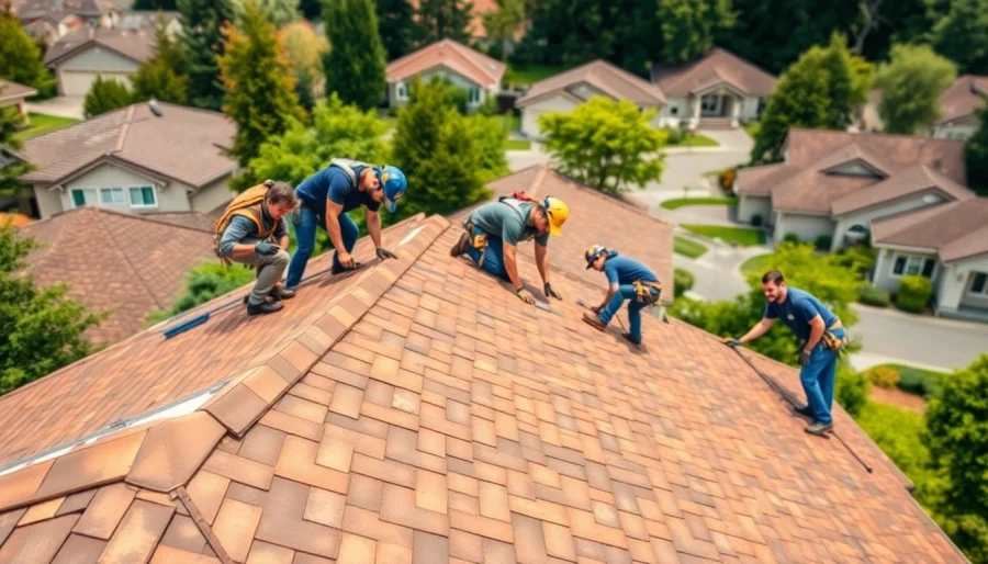 Roof Repair Vancouver Wa team fixing a residential roof in a vibrant neighborhood.