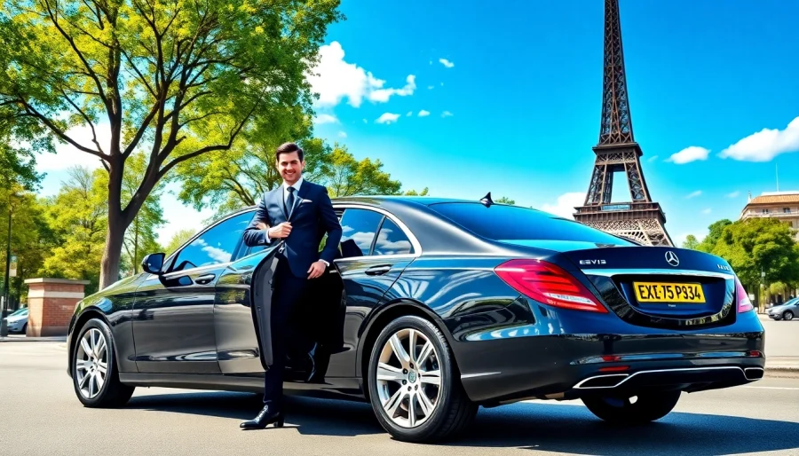 Location de voiture avec chauffeur avec un chauffeur accueillant devant une voiture de luxe à Paris.