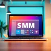 Engaging view of an SMM panel interface on a laptop with vibrant social media icons.