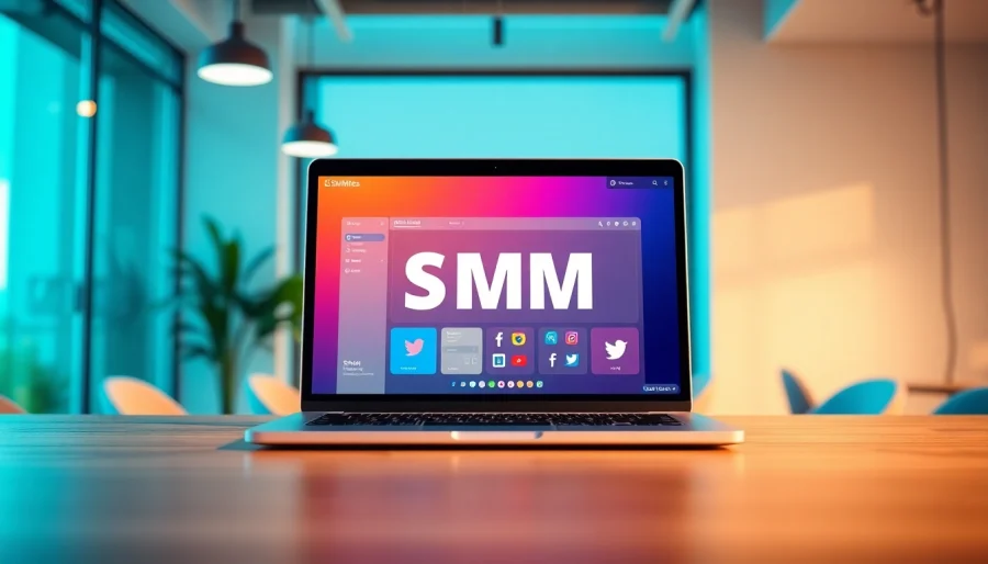 Engaging view of an SMM panel interface on a laptop with vibrant social media icons.