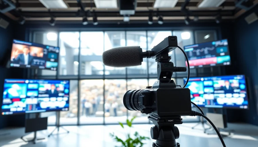Engaging live stream setup showcasing modern equipment and digital displays in a bright studio