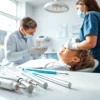 Skilled professionals performing dental cleanings with modern tools in a bright dental office.