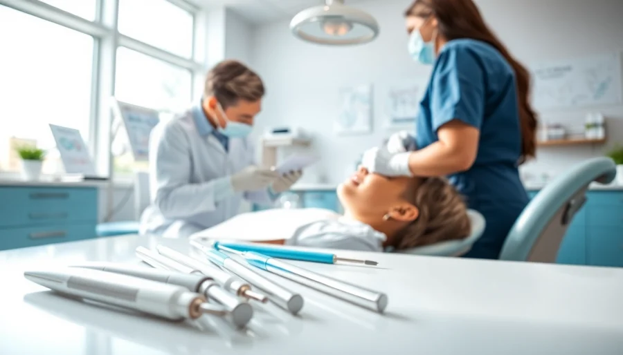 Skilled professionals performing dental cleanings with modern tools in a bright dental office.
