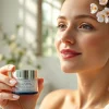 Model applying a hydrating face cream in a serene bathroom setting.