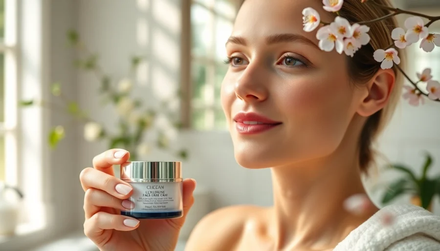 Model applying a hydrating face cream in a serene bathroom setting.