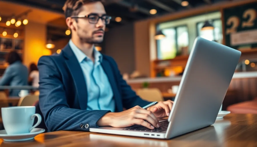 Apply for uk eta online application at a café with a laptop and warm ambience.