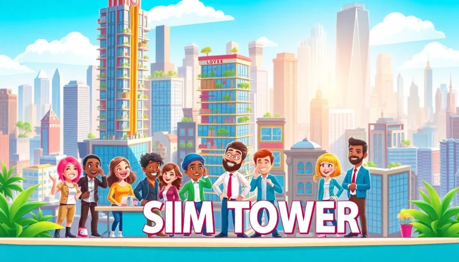 Engage in playing Sim Tower by strategizing and managing a vibrant skyscraper in an animated scene.