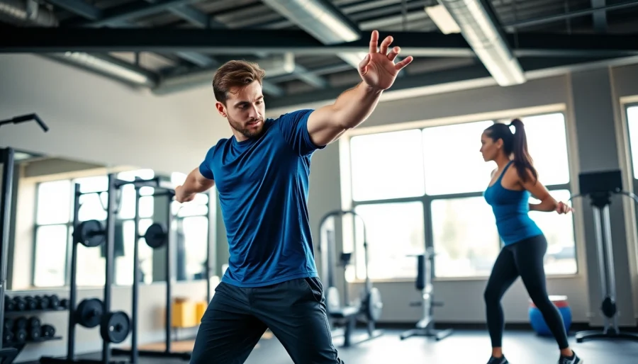 Personal trainer tunbridge wells guiding a client through an exercise in a vibrant gym setting.