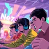 Menampilkan pemain yang terlibat dalam permainan net77 game dengan latar belakang digital dan energik.