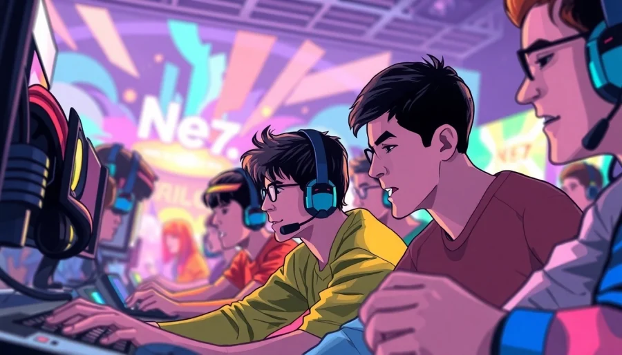 Menampilkan pemain yang terlibat dalam permainan net77 game dengan latar belakang digital dan energik.