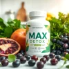 Max detox product displayed with fresh acai berries and chlorella, symbolizing natural cleansing.