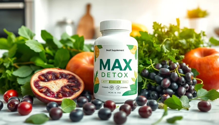 Max detox product displayed with fresh acai berries and chlorella, symbolizing natural cleansing.