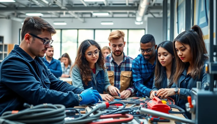 Trade school Tennessee students hands-on training with tools in a modern classroom.