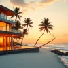 Breathtaking international real estate villa overlooking the beach at sunset.