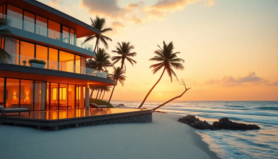 Breathtaking international real estate villa overlooking the beach at sunset.