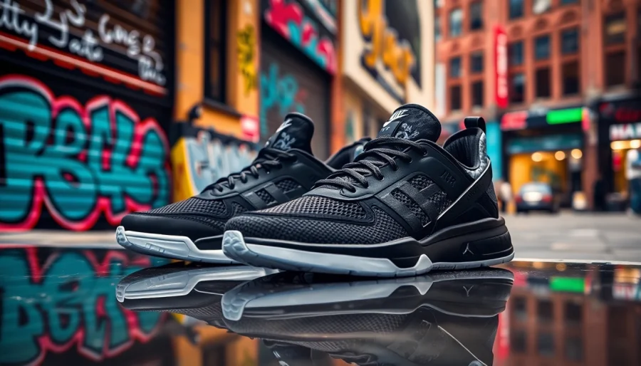Showcase of replica shoes emphasizing quality and design in an urban setting