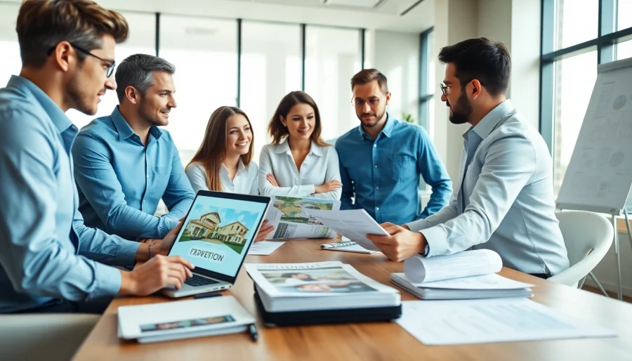 Property management professionals collaborating in a modern office, enhancing client service.