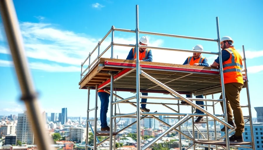 Workers constructing durable Whangarei scaffolding on a busy construction site.