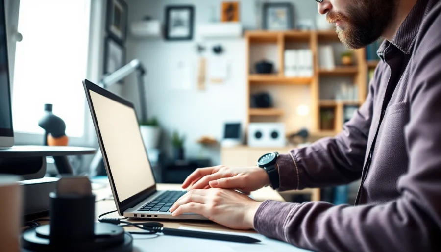 Offering computer help, a technician assists a user with a laptop setup in a cozy office.