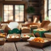 Display of food packaging boxes featuring diverse takeout options for fresh meals.