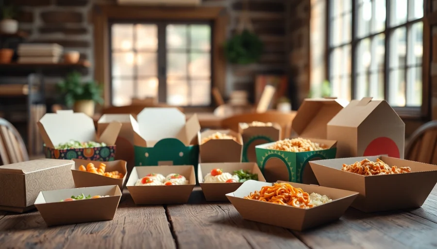Display of food packaging boxes featuring diverse takeout options for fresh meals.