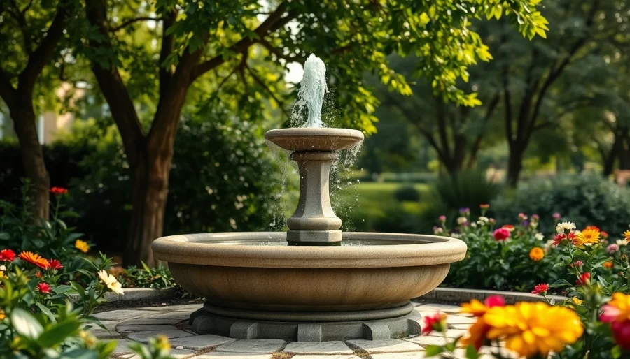 Beleuchteter Gartenbrunnen im Zentrum eines entspannenden Außenbereichs mit fröhlichen Blumen.