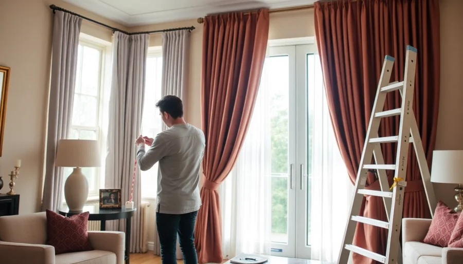 Skilled curtain fitters measuring and preparing curtains in a stylish living room setting.
