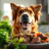 Dog savoring badlands ranch superfood complete in a bright kitchen with fresh ingredients.