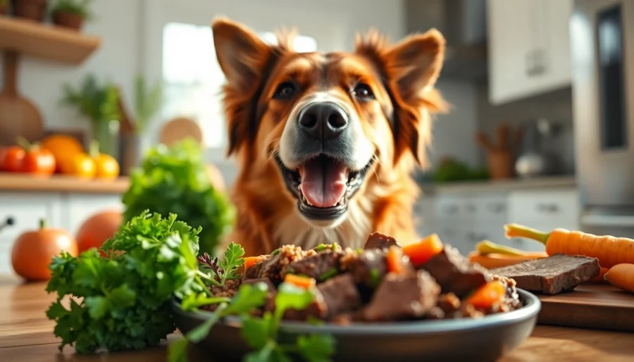 Dog savoring badlands ranch superfood complete in a bright kitchen with fresh ingredients.