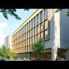 3D visualisierung architektur eines modernen Gebäudes, umgeben von lebendiger Stadtkulisse und Grünflächen.