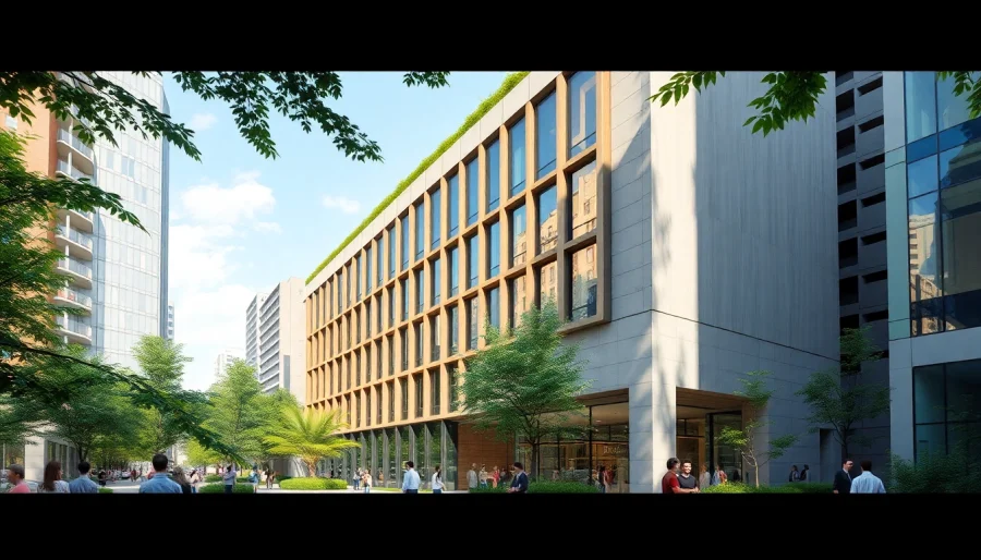 3D visualisierung architektur eines modernen Gebäudes, umgeben von lebendiger Stadtkulisse und Grünflächen.