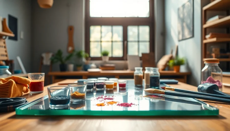 Using laminating resin on a professional workspace with tools and vibrant pigments.