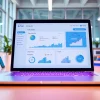 Analyze text using an advanced ai checker interface on a laptop in an organized office