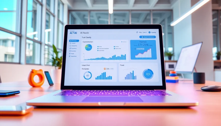 Analyze text using an advanced ai checker interface on a laptop in an organized office