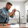 Fixing a leaky faucet with professional plumber services Maricopa in a modern kitchen.