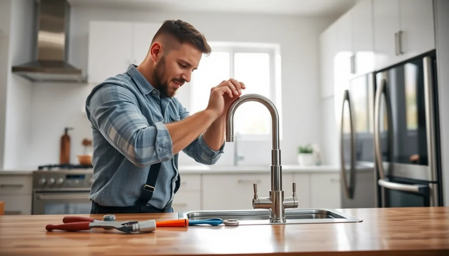 Fixing a leaky faucet with professional plumber services Maricopa in a modern kitchen.