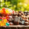 Order THC edibles with colorful gummies and chocolates on a rustic table.