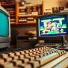 Engage in the retro experience to play DOS games on a vintage computer setup.