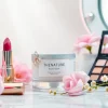 Showcasing a unique makeup label on stylish cosmetic products and elegant vanity.