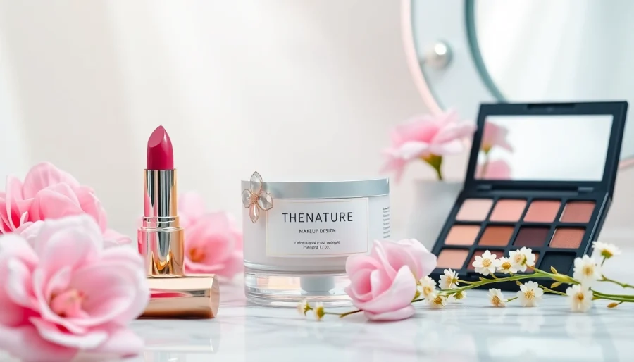 Showcasing a unique makeup label on stylish cosmetic products and elegant vanity.