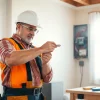 Electrician repairing a residential electrical panel in a bright home environment.