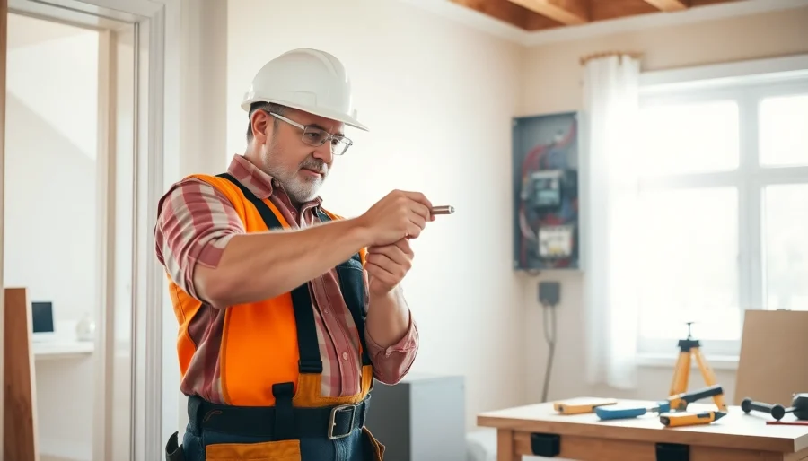 Electrician repairing a residential electrical panel in a bright home environment.