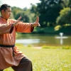 Tai Chi Classes Online showing a Tai Chi instructor gracefully demonstrating poses outdoors in a tranquil park.